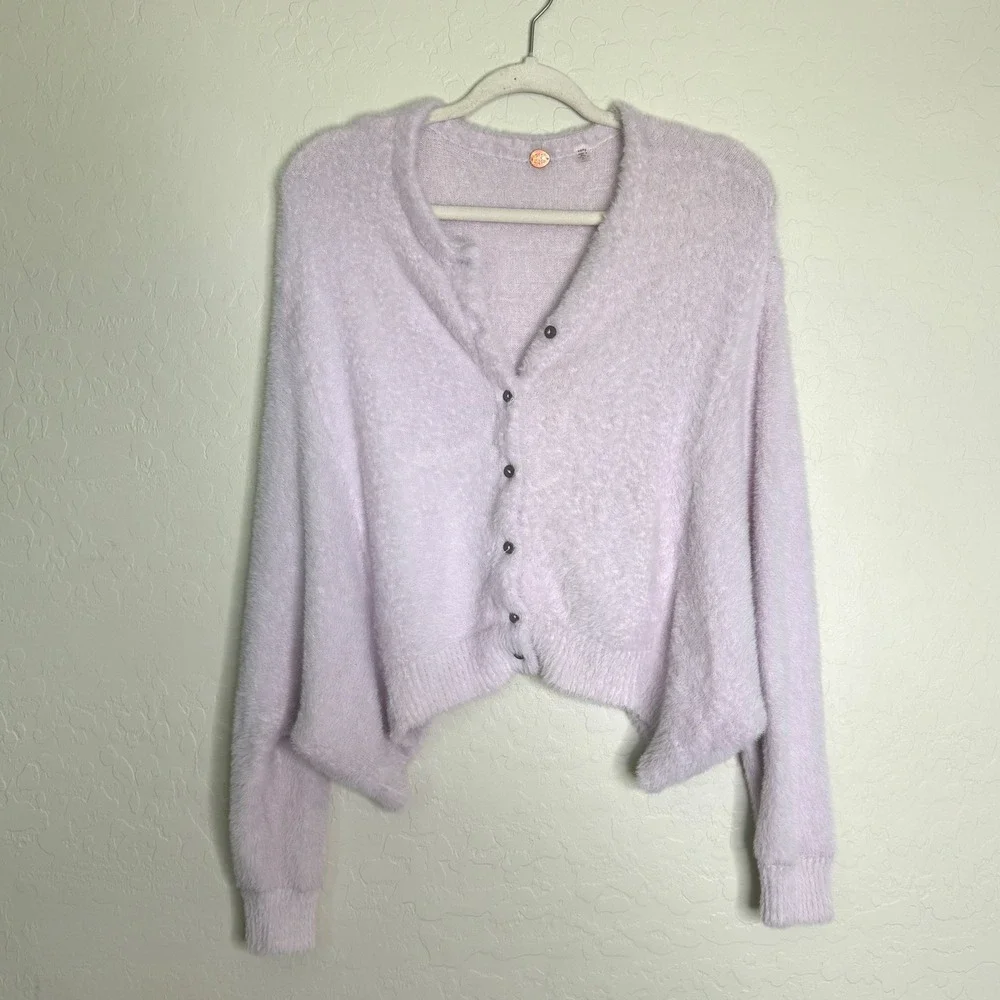 Free People Womens FP ONE Wyatt Fuzzy Cardigan XS Lavender Cropped Soft Knit